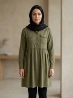 شومیز زیتونی لینن کمر چین وارداتی