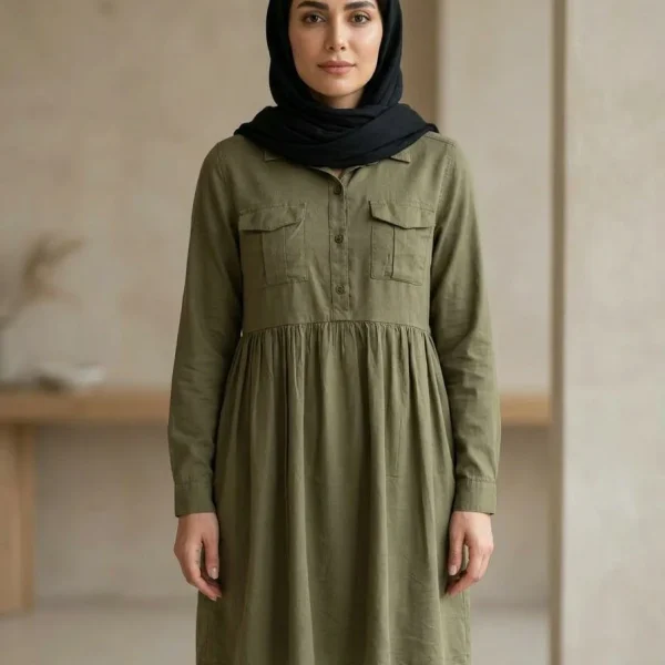 شومیز زیتونی لینن کمر چین وارداتی