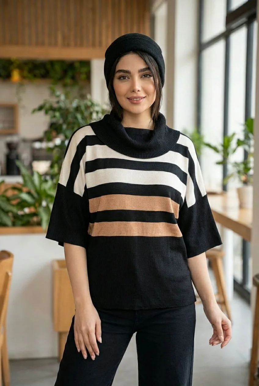 product-193 بافت یقه شل راه راه مشکی کرم - تصویر 1