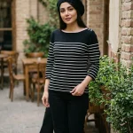بافت راه راه مشکی یقه صورتی وارداتی