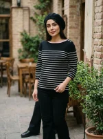 بافت راه راه مشکی یقه صورتی وارداتی